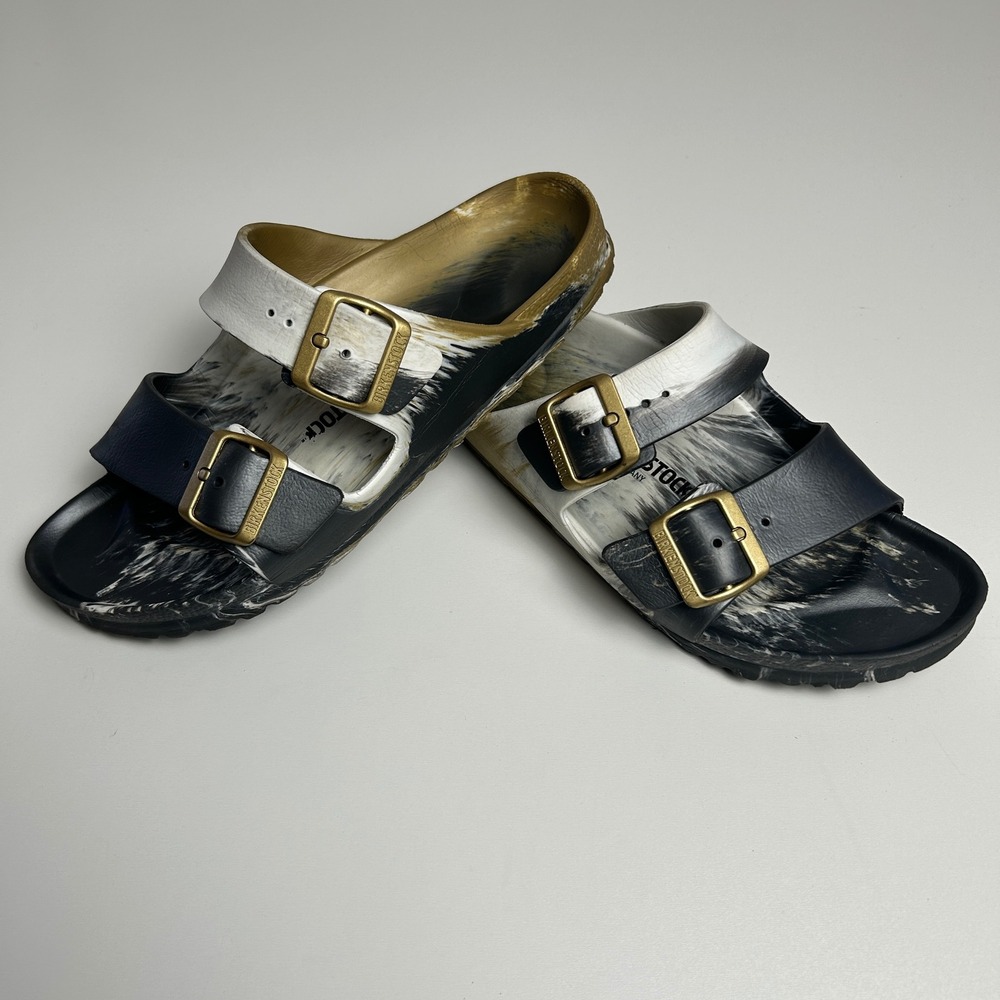Birkenstock Arizona EVA Sandals Black White Gold Marble Slides Women 39 L8 M6